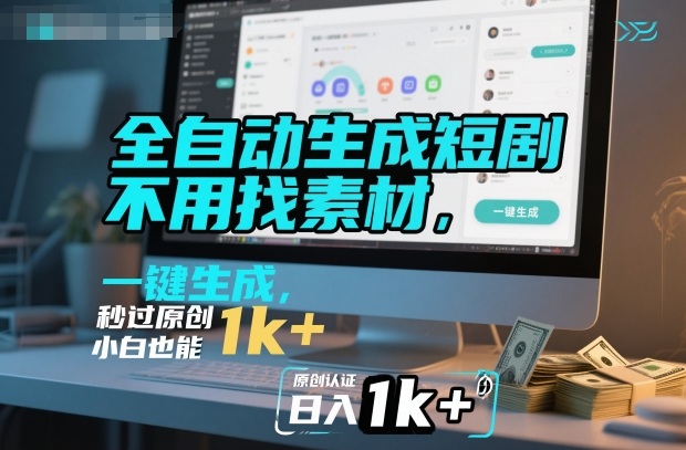 全自动生成短剧，不用找素材，不用剪辑，一键生成，秒过原创，小白也能轻松日入1k+